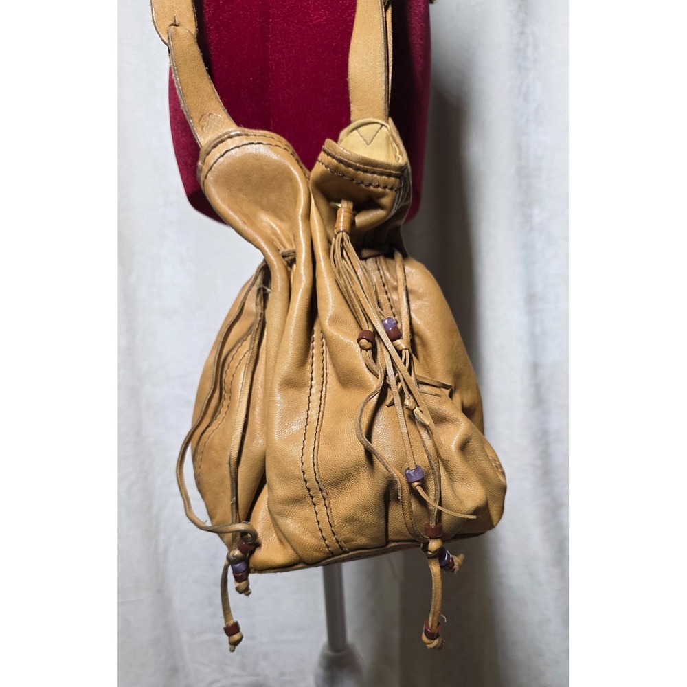 Lucky Brand Y2K Brown Lamb Leather Bucket Bag Boho Drawstring Crossbody Purse